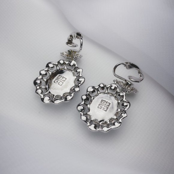 Givenchy Pastel Blue Rhinestone Jewel Flower Oval Silver Dangle Clip Earrings - Picture 4 of 9